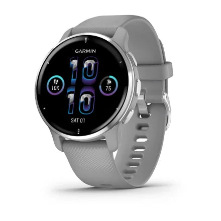 Garmin Venu® 2 Plus - Silver Stainless Steel Bezel with Powder Gray Case and Silicone Band